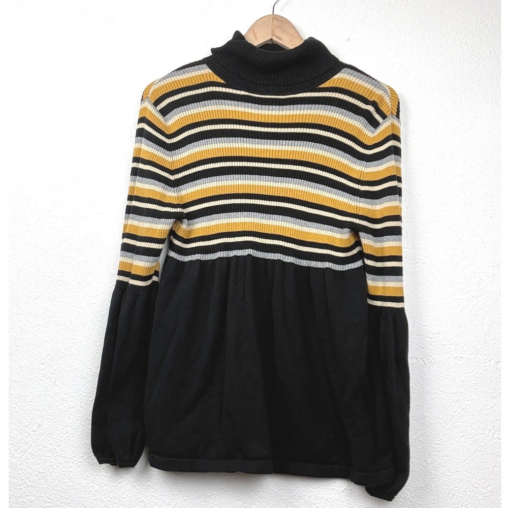 Reference Point Black Striped Turtleneck Sweater - L - Babydoll Boho Retro